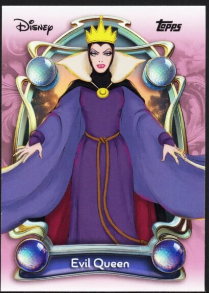 This Topps Disney Evil Queen trading card showcases one of Disney’s most legendary villains from Snow White and the Seven Dwarfs. The artwork captures her regal and menacing presence, framed by an elegant, fantasy-inspired design with rich colors and classic Disney styling. The Evil Queen is a cornerstone character in Disney animation history, representing one of the studio’s earliest and most recognizable villains. Cards featuring classic villains like this are highly sought after by Disney collectors, animation fans, and Topps trading card enthusiasts.